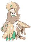  1girl bag bangs beak bird bird_wings bob_cut bright_pupils brown_eyes brown_jacket brown_shoes carrying closed_mouth eyes_visible_through_hair feathered_wings feathers full_body hair_ornament handbag highres jacket koyori-018 leaf leaf_hair_ornament light_brown_hair long_sleeves moemon no_eyebrows open_clothes open_jacket overskirt owl personification pigeon-toed pokemon pokemon_(creature) pokemon_(game) pokemon_sm puffy_shorts ribbed_sweater rowlet shoes short_hair shorts silhouette simple_background smile sweater turtleneck turtleneck_sweater white_background white_shorts wings 