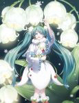  aqua_hair arm_up blue_eyes capelet dress droplets flower hair_flower hair_ornament hatsune_miku headset highres holding_stuffed_animal kicchan lily_of_the_valley long_hair looking_at_viewer open_mouth snowflakes standing stuffed_animal stuffed_bunny stuffed_toy twintails vocaloid white_dress wide_sleeves 