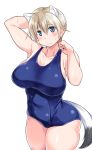  1girl animal_ears blush brave_witches breasts curvy kuronyan large_breasts looking_at_viewer nikka_edvardine_katajainen school_swimsuit solo strike_witches swimsuit tail thick_thighs wide_hips world_witches_series 