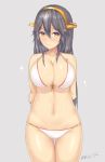  1girl bare_shoulders breasts cowboy_shot dated hairband haruna_(kantai_collection) headgear highres kantai_collection kuavera large_breasts navel signature simple_background 