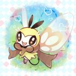 :d antennae blush brown_scarf flying full_body hands_together insect_wings looking_at_viewer no_humans open_mouth pokemon pokemon_(creature) pokemon_(game) pokemon_sm putto ribombee scarf smile solo sparkling_eyes tongue wings 