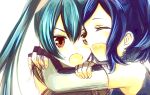  2girls blue_hair closed_eyes cynthia_(fire_emblem) embarrassed fire_emblem fire_emblem:_kakusei gloves hug kisano_(otpr) multiple_girls open_mouth ponytail selena_(fire_emblem) 
