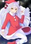  1girl amatsukaze_(kantai_collection) boots dress gurande_(g-size) hair_tubes hat highres kantai_collection long_hair looking_at_viewer red_boots red_dress sack santa_hat silver_hair sky star_(sky) starry_sky twintails two_side_up white_legwear windsock yellow_eyes 