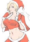  1girl absurdres bandeau blonde_hair blue_eyes breasts christmas cleavage collarbone fingerless_gloves fur-trimmed_capelet fur-trimmed_gloves fur_trim gggg gloves groin hand_to_own_mouth hand_up hat highres large_breasts looking_at_viewer mercy_(overwatch) navel open_mouth overwatch parted_lips pom_pom_(clothes) red_gloves red_hat sack santa_hat short_hair simple_background skirt solo stomach strapless white_background 
