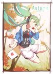  1girl 2016 ;) ahoge aqua_hair arm_at_side autumn bangs bare_shoulders black_boots blue_jacket blurry boots border bow breasts clothes_writing dated depth_of_field english eyebrows_visible_through_hair eyelashes floating_hair full_body green_eyes green_hair hair_ornament hand_on_headphones hatsune_miku headphones heart highres jacket jumping long_hair looking_at_viewer medium_breasts off_shoulder one_eye_closed open_clothes open_jacket outdoors shorts skateboard sleeves_rolled_up smile solo tree twintails very_long_hair vocaloid white_bow white_shorts zhayin-san 