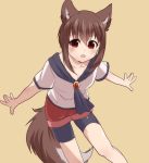  1boy :o animal_ears bike_shorts brown_hair commentary_request fang genderswap genderswap_(ftm) hair_between_eyes imaizumi_kagerou jewelry leaning_forward looking_at_viewer male open_mouth outstretched_arms red_eyes ruri_tsubame short_hair short_sleeves solo tail touhou wolf_ears wolf_tail yellow_background 