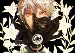  1boy black_background black_gloves bud earrings eyebrows_visible_through_hair face facepaint floral_background fox_shadow_puppet gloves hair_between_eyes holding_mask jewelry light_smile logo long_sleeves looking_at_viewer mad369 male_focus mask mask_removed nakigitsune silver_hair solo touken_ranbu yellow_eyes 