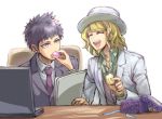  2boys beard blonde_hair boater_hat box chair closed_eyes computer dangan_ronpa dangan_ronpa_3 facial_hair feeding food formal gift gift_box kirigiri_jin kizakura_kouichi laptop loose_necktie macaron multiple_boys mustache necktie open_collar purple_hair purple_necktie short_hair simple_background sitting suit table violet_eyes white_background white_suit youko-shima 