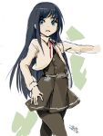  1girl 2016 4suke artist_name asashio_(kantai_collection) bangs belt black_hair black_legwear black_skirt blue_eyes blush buttons collared_shirt cowboy_shot dated eyebrows_visible_through_hair flat_chest hand_on_hip kantai_collection legs_crossed long_hair long_sleeves looking_away looking_to_the_side miniskirt open_mouth outstretched_arm pantyhose red_ribbon remodel_(kantai_collection) ribbon shirt simple_background skirt solo standing very_long_hair watson_cross white_background white_shirt 