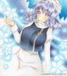  1girl breasts crop_top dress head_scarf ice juliet_sleeves large_breasts lavender_eyes lavender_hair letty_whiterock long_sleeves mugicha0929 puffy_sleeves smile snowflakes solo touhou traditional_media twitter_username wavy_hair white_dress 