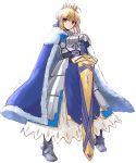  1girl absurdres ahoge armor armored_dress avalon_(fate/stay_night) blonde_hair commentary_request crown excalibur eyebrows_visible_through_hair fate/stay_night fate_(series) full_body gauntlets green_eyes highres looking_at_viewer saber sheath sheathed shunichi simple_background solo standing sword transparent_background weapon 