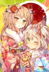  2girls ;3 animal arrow bird blonde_hair blue_kimono blush breasts camomi chick chicken duck floral_print fur_collar green_eyes hair_ornament hairclip heterochromia holding_animal japanese_clothes kimono long_hair looking_at_viewer multiple_girls obi one_eye_closed original parted_lips petting pink_kimono red_flower sash silver_hair smile two_side_up yellow_eyes yellow_flower 