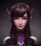  1girl animal_print artist_name bodysuit brown_hair bunny_print chen_(caqiq) d.va_(overwatch) email_address facepaint headset looking_at_viewer nose overwatch portrait smile solo watermark web_address weibo_id whisker_markings yellow_eyes 