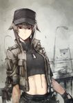  1girl abs baseball_cap braid brown_hair dog_tags fence gloves ground_vehicle hat helevu hetza_(hellshock) long_hair looking_at_viewer midriff military military_vehicle motor_vehicle navel original railing red_eyes solo tank 