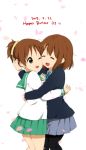  2girls :d ;d ^_^ bangs blue_ribbon blue_skirt blurry brown_eyes brown_hair cheek-to-cheek closed_eyes collared_shirt dated depth_of_field green_skirt hair_ornament hairclip happy_birthday highres hirasawa_ui hirasawa_yui hug k-on! multiple_girls official_style one_eye_closed open_mouth pantyhose petals pleated_skirt ponytail ragho_no_erika ribbon round_teeth school_uniform serafuku shirt short_hair siblings sisters skirt smile smiley_face teeth white_background white_shirt 