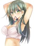  1girl alternate_costume armpits arms_behind_head arms_up bra breasts cleavage commentary_request cowboy_shot green_eyes green_hair kantai_collection large_breasts long_hair looking_at_viewer mouth_hold purple_bra purple_ribbon ribbon shiny shiny_skin simple_background solo sumisuzu suzuya_(kantai_collection) underwear underwear_only upper_body white_background 