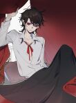  1boy absurdres bangs bed black_hair blanket caterpillar_skeleton chinese_commentary commentary_request curtain_grab curtains cushion ears emlyn_white fangs highres indoors looking_down lord_of_the_mysteries on_bed red_eyes red_neckwear shirt short_hair solo teeth vampire white_shirt 