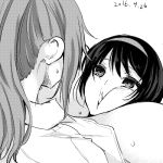  2girls between_breasts breasts female head_between_breasts huge_breasts looking_down monochrome multiple_girls no_bra open_clothes open_shirt original otogi_(s_in_w) ponytail shirt sweat upper_body white_background 