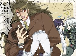  3boys ahoge akanbe android ass blazer blue_eyes brown_hair carrying_under_arm checkered_scarf dangan_ronpa glasses gokuhara_gonta jacket keebo long_hair looking_at_another looking_back machi_(mctri) male_focus multiple_boys necktie new_dangan_ronpa_v3 ouma_kokichi power_armor purple_hair red_eyes scarf school_uniform short_hair silver_hair straitjacket sweatdrop tongue tongue_out translation_request yellow_necktie 