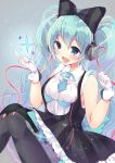  1girl :d aqua_eyes aqua_hair bangs beamed_semiquavers black_boots black_bow black_legwear blush boots bow breasts cube dress eyebrows_visible_through_hair frilled_dress frills grey_background hair_between_eyes hair_bow hands_up hatsune_miku headphones highres index_finger_raised irone_(miyamiya38) knees_together_feet_apart long_hair medium_breasts minim musical_note open_mouth pinafore_dress quaver shirt sleeveless sleeveless_shirt smile solo sparkle star starry_background striped striped_bow striped_dress thigh-highs treble_clef twintails vocaloid wavy_hair 
