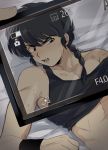 1boy black_hair black_shirt blush braid camcorder clenched_teeth highres looking_at_viewer lying machi_(mctri) male_focus off_shoulder on_back on_bed open_mouth ponytail pov ranma_1/2 recording saotome_ranma shirt shirt_lift sweat tank_top teeth video_camera wristband 