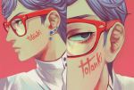  1boy blue_eyes blue_hair curly_hair earrings face ghiaccio glasses highres jewelry jojo_no_kimyou_na_bouken male_focus meron_nouka pink_background profile snowflake_earrings solo 