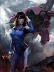  1girl animal_print arm_at_side arm_up blue_bodysuit bodysuit brown_eyes brown_hair bunny_print chen_(caqiq) closed_mouth contrapposto covered_navel d.va_(overwatch) facepaint fire gloves lips long_hair looking_at_viewer meka_(overwatch) overwatch ribbed_bodysuit smile smoke solo standing whisker_markings white_gloves 