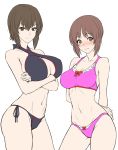  2girls arms_behind_back bangs bikini black_bikini blush bow_bikini breasts brown_eyes brown_hair cleavage closed_mouth cowboy_shot crossed_arms embarrassed female flat_color girls_und_panzer large_breasts looking_at_viewer medium_breasts multiple_girls navel nishizumi_maho nishizumi_miho pink_bikini short_hair siblings side-by-side side-tie_bikini simple_background sisters standing swimsuit white_background zucchini 