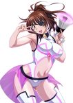 1girl brown_eyes brown_hair contrapposto cowboy_shot eyepatch gluteal_fold high_ponytail holding ikkitousen long_hair looking_at_viewer megaphone navel navel_cutout official_art shiny shiny_skin simple_background solo thigh-highs v white_background yagyu_mitsuyoshi 