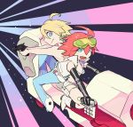  1boy 1girl ahoge alpha_omega_nova aqua_eyes bikini bikini_top black_gloves blonde_hair blue_eyes bodysuit boots cropped_jacket driving elbow_gloves glasses_on_head gloves ground_vehicle gun jacket janomegasa looking_at_another looking_at_viewer looking_back luluco motor_vehicle motorcycle multicolored_hair redhead scar shooting_glasses short_hair short_shorts shorts skeleton_print spoilers streaked_hair striped striped_bikini swimsuit torn_clothes trigger-chan uchuu_patrol_luluco weapon white_boots white_jacket white_shorts 