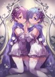  2girls alternate_costume blue_eyes blue_hair detached_sleeves hair_over_one_eye hand_holding hands_clasped hands_up highres kneeling lee_hyeseung light_particles looking_at_viewer looking_to_the_side maid_headdress multiple_girls purple_hair ram_(re:zero) re:zero_kara_hajimeru_isekai_seikatsu red_eyes rem_(re:zero) scarf shared_scarf siblings sisters smile thigh-highs twins white_legwear 