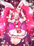  1girl ;d animal_ears bow cake_hair_ornament choker cure_whip dress food food_themed_hair_ornament food_themed_ornament fruit full_body gloves hair_ornament jumping kirakira_precure_a_la_mode long_hair magical_girl one_eye_closed open_mouth pink pink_background pink_bow pink_eyes pink_hair pink_shoes precure rabbit_ears shoes smile solo star strawberry tj-type1 twintails usami_ichika white_dress white_gloves 