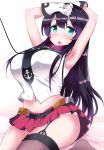  1girl agano_(kantai_collection) anchor_symbol armpits arms_up belt black_hair blush breasts choker collar commentary_request garter_straps gloves green_eyes highres kantai_collection large_breasts long_hair looking_at_viewer miniskirt navel necktie open_mouth red_skirt sasago_kaze school_uniform serafuku skirt solo thigh-highs white_gloves 