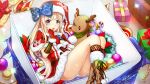  1girl blonde_hair boots bow box brown_boots candy candy_cane flower food fur_trim gift gloves hair_bow hat in_box in_container kidou_senshachiha_tan_x long_hair official_art open_mouth ornament poinsettia red_gloves santa_hat solo stuffed_animal stuffed_reindeer stuffed_toy sweatdrop 