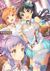  3girls :d :o ahoge black_hair blue_eyes blush bow bow_legwear bowtie brown_eyes cover cover_page cup cupcake dessert doujin_cover dress eyebrows eyelashes fang food frilled_dress frills fruit ganaha_hibiki gingerbread_man gloves hair_between_eyes hat holding holding_plate idolmaster idolmaster_million_live! joey_koguma long_hair macaron makabe_mizuki mini_hat multiple_girls open_mouth orange_hair plate pouring purple_hair short_hair short_hair_with_long_locks sidelocks smile sparkle strawberry striped striped_bow striped_bowtie striped_legwear sugar_cube tea teacup teapot thigh-highs violet_eyes white_gloves yabuki_kana 