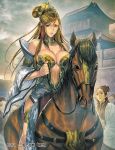  1girl abdominal_line bare_shoulders breasts brown_eyes brown_hair character_request cleavage copyright_name dress hair_ornament homare_(fool&#039;s_art) horse horseback_riding large_breasts lipstick long_hair looking_at_viewer makeup navel outdoors riding sangokushi_taisen wide_sleeves 
