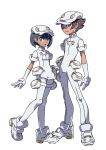  1boy 1girl :o absurdres aether_foundation_employee bangs black_hair breasts brown_eyes brown_hair buttons closed_mouth dark_skin elbow_gloves gloves hair_between_eyes hat highres official_art open_mouth pantyhose pokemon pokemon_(game) pokemon_sm pouch shoes short_hair short_sleeves simple_background small_breasts smile standing standing_on_one_leg take_(illustrator) thigh_strap transparent_background turtleneck unitard white_gloves white_hat white_legwear white_shoes 
