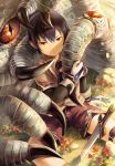  1boy arm_support artist_name claws dragon fantasy flower gloves grass highres jewelry looking_at_viewer male_focus noeyebrow_(mauve) original outdoors ring shorts sitting solo_focus sword weapon western_dragon 