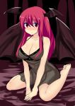  1girl bare_legs barefoot bat_wings blush breasts cleavage head_wings highres hitotsuki_nebura kneeling koakuma large_breasts lingerie long_hair looking_at_viewer negligee nightgown red_eyes redhead shiny shiny_skin shy sitting sleeveless solo touhou underwear wings 