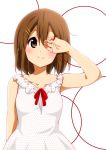  1girl arm_up bangs blush brown_eyes brown_hair circle covering_one_eye dress finger_ribbon hair_between_eyes hair_ornament hairclip hirasawa_yui polka_dot polka_dot_dress ragho_no_erika red_ribbon ribbon short_hair smile solo upper_body white_background white_dress 