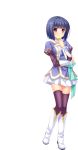  1girl absurdres artist_request black_legwear blue_hair blush boots crossed_arms detached_sleeves full_body ganryou_(koihime_musou) hand_on_own_chin highres juliet_sleeves knee_boots koihime_musou long_sleeves looking_at_viewer pleated_skirt puffy_sleeves short_hair skirt smile thigh-highs transparent_background violet_eyes white_boots zettai_ryouiki 