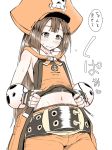  1girl belt belt_buckle blush bob_cut breasts brown_eyes brown_hair buckle embarrassed fingerless_gloves gloves guilty_gear guilty_gear_xrd hat long_hair may_(guilty_gear) navel orange_hat pants pirate_hat ponkotsu shirt_lift skull_and_crossbones small_breasts solo sweatdrop toned 