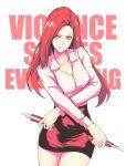  1girl boxcutter breasts cal_(pmgdd) catchphrase cleavage contemporary dual_wielding katarina_du_couteau league_of_legends long_hair looking_at_viewer office_lady red_eyes redhead scar scar_across_eye smile solo sparkle 
