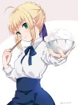  1girl ahoge bangs blonde_hair blue_ribbon blue_skirt bowl braid breasts chopsticks closed_mouth collared_shirt eyebrows_visible_through_hair fate/stay_night fate_(series) food french_braid green_eyes grey_background hair_ribbon holding holding_bowl holding_chopsticks holding_food ica light_smile long_sleeves looking_at_viewer medium_breasts offering outstretched_arm ribbon rice saber shirt short_hair_with_long_locks sidelocks signature simple_background skirt smile solo twitter_username two-tone_background upper_body white_background white_shirt 