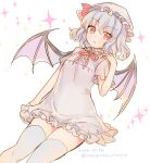  1girl 2016 alternate_costume bat_wings blue_hair dated dress frills hat hat_ribbon looking_at_viewer mob_cap mugicha0929 open_mouth red_ribbon remilia_scarlet ribbon short_dress short_hair short_sleeves solo sparkle thigh-highs touhou twitter_username wings 