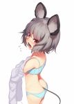  1girl angry animal_ears back blush bra cinderella_bust flying_sweatdrops full-face_blush grey_hair kaiza_(rider000) looking_at_viewer mouse_ears mouse_tail nazrin open_mouth panties red_eyes shirt short_hair simple_background solo tail touhou underwear underwear_only white_background 