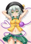  1girl adapted_costume armpits arms_behind_head arms_up bangs black_hat blouse blush breasts cowboy_shot drop_shadow eyeball eyebrows_visible_through_hair gluteal_fold green_eyes green_skirt hat hat_ribbon heart heart_of_string highres komeiji_koishi looking_at_viewer lowleg lowleg_panties miniskirt navel panties pantyshot pantyshot_(standing) ribbon roura sideboob silver_hair skirt small_breasts solo standing stomach string_panties third_eye touhou underwear white_panties yellow_blouse yellow_ribbon 