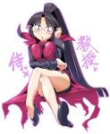  1girl :o black_hair black_shoes black_skirt breast_squeeze breasts coat cosplay disgaea glasses invisible_chair large_breasts legs_crossed long_hair looking_at_viewer miniskirt open_mouth ponytail professor_(disgaea) professor_(disgaea)_(cosplay) red_eyes red_shirt ronin_(disgaea) shirt shoes sitting skirt solo takura_mahiro white_background 