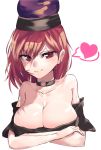  1girl asuzemu black_shirt breasts cleavage collar collarbone crossed_arms heart hecatia_lapislazuli large_breasts long_hair looking_at_viewer off-shoulder_shirt polos_crown red_eyes redhead shirt simple_background sketch smile solo t-shirt touhou upper_body white_background 
