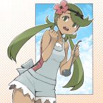  1girl :o apron armpit_peek arms_up bangs bare_shoulders blue_sky clouds cloudy_sky cropped_legs dark_skin eyebrows_visible_through_hair flower green_eyes green_hair hair_flower hair_ornament highres looking_at_viewer mallow_(pokemon) mzrz open_mouth pink_shirt poke_ball pokemon pokemon_(game) pokemon_sm polka_dot polka_dot_background shirt sky sleeveless sleeveless_shirt solo spoon standing swept_bangs teeth thighs twintails 